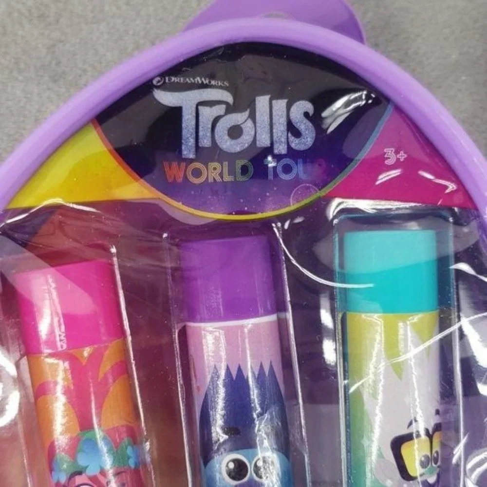 TROLLS World Tour‎ Lip Balm Set of 3 Funky Fruit Rock N Troll Mango Groovy Grape